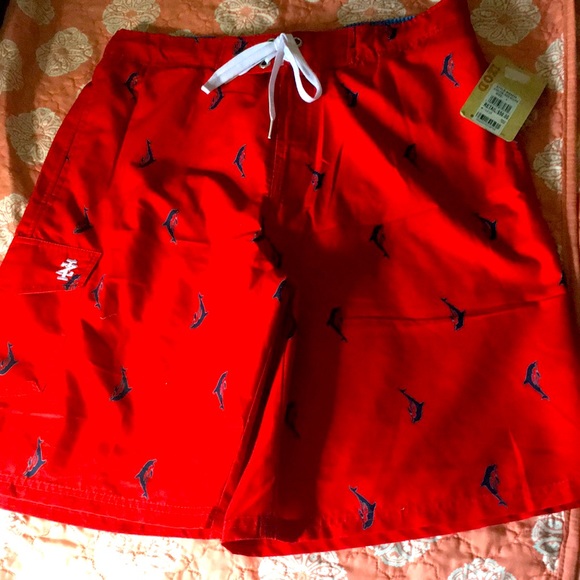 IZOD BOARD SHORTS BATHING SUIT TRUNKS RED MENS SIZE LARGE L DOLPHIN PRINT NEW ! - Picture 1 of 5
